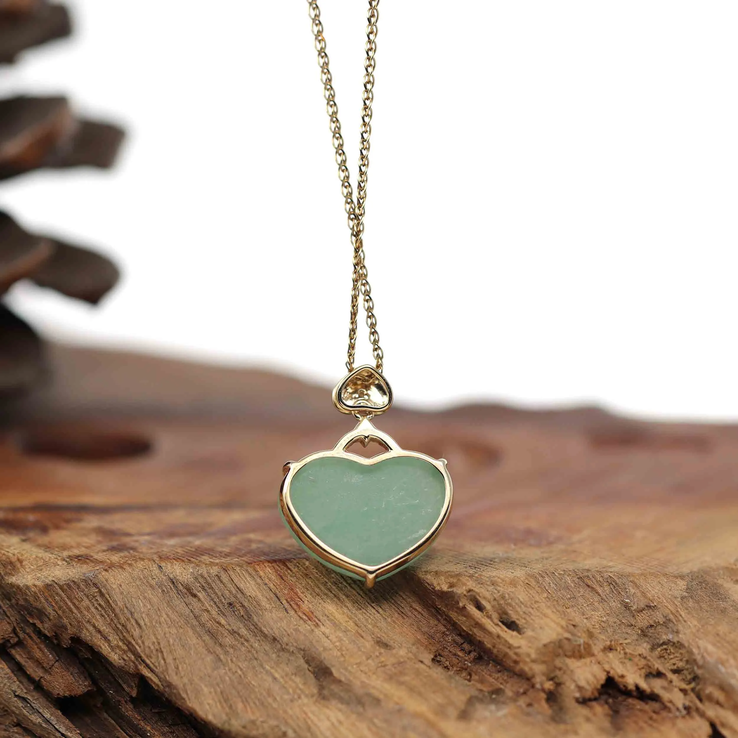 Baikalla 14K Yellow Gold Genuine Burmese Green Jadeite Jade Heart Pendant with VS1 Diamonds