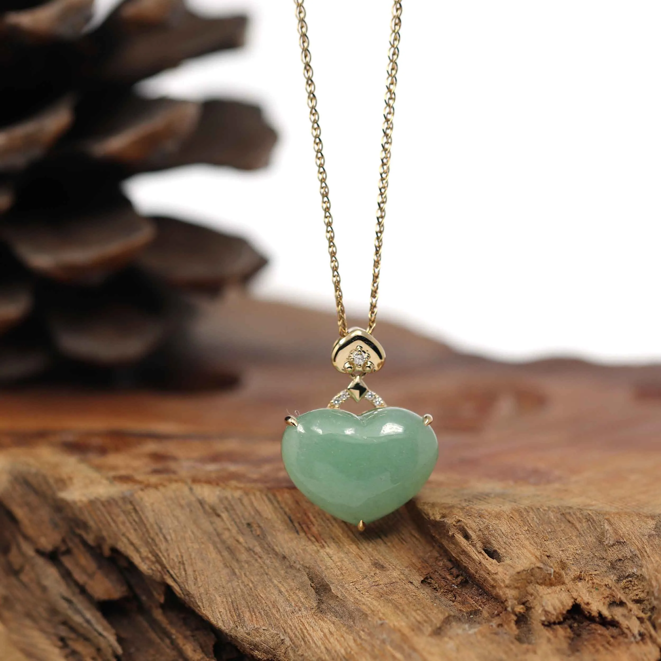 Baikalla 14K Yellow Gold Genuine Burmese Green Jadeite Jade Heart Pendant with VS1 Diamonds