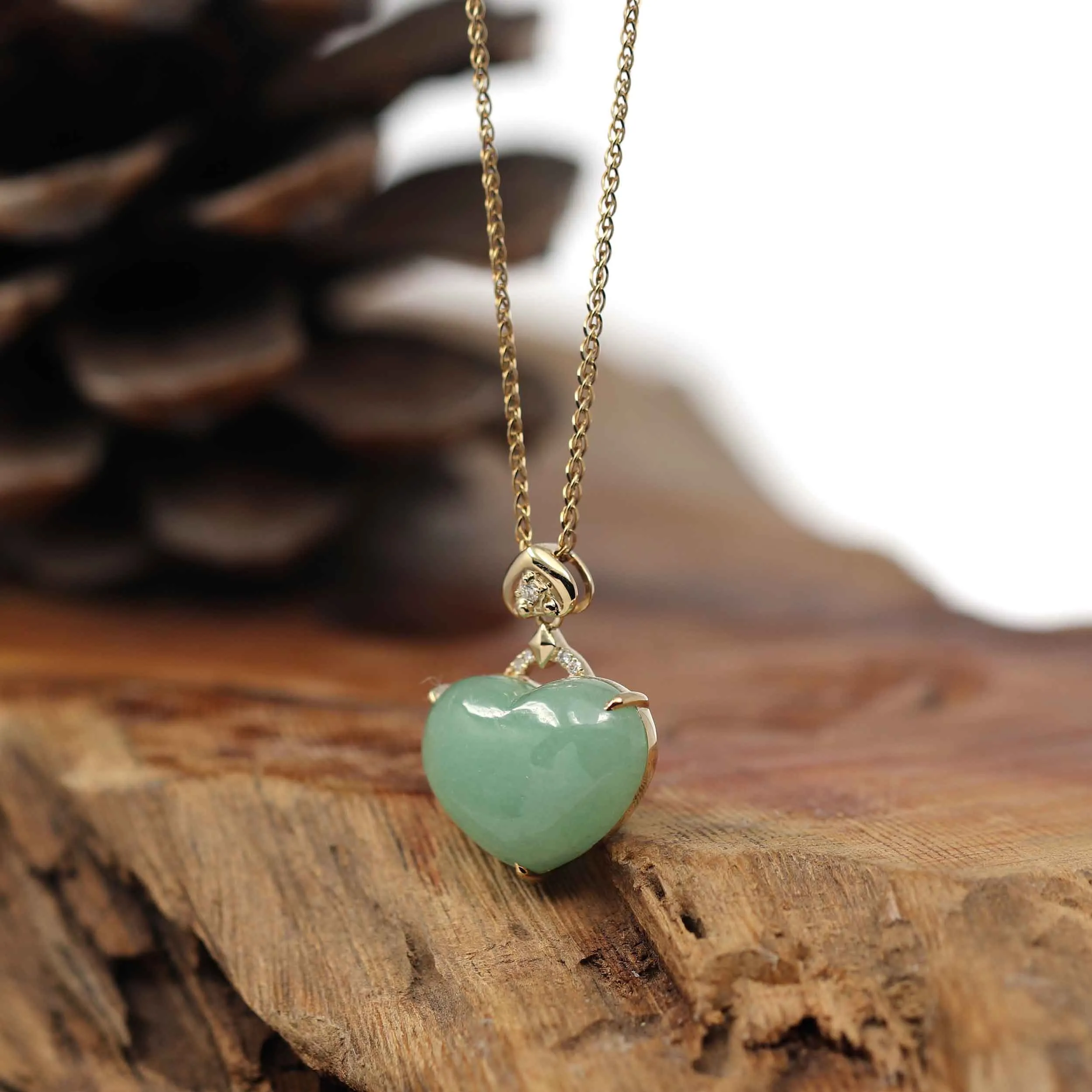 Baikalla 14K Yellow Gold Genuine Burmese Green Jadeite Jade Heart Pendant with VS1 Diamonds