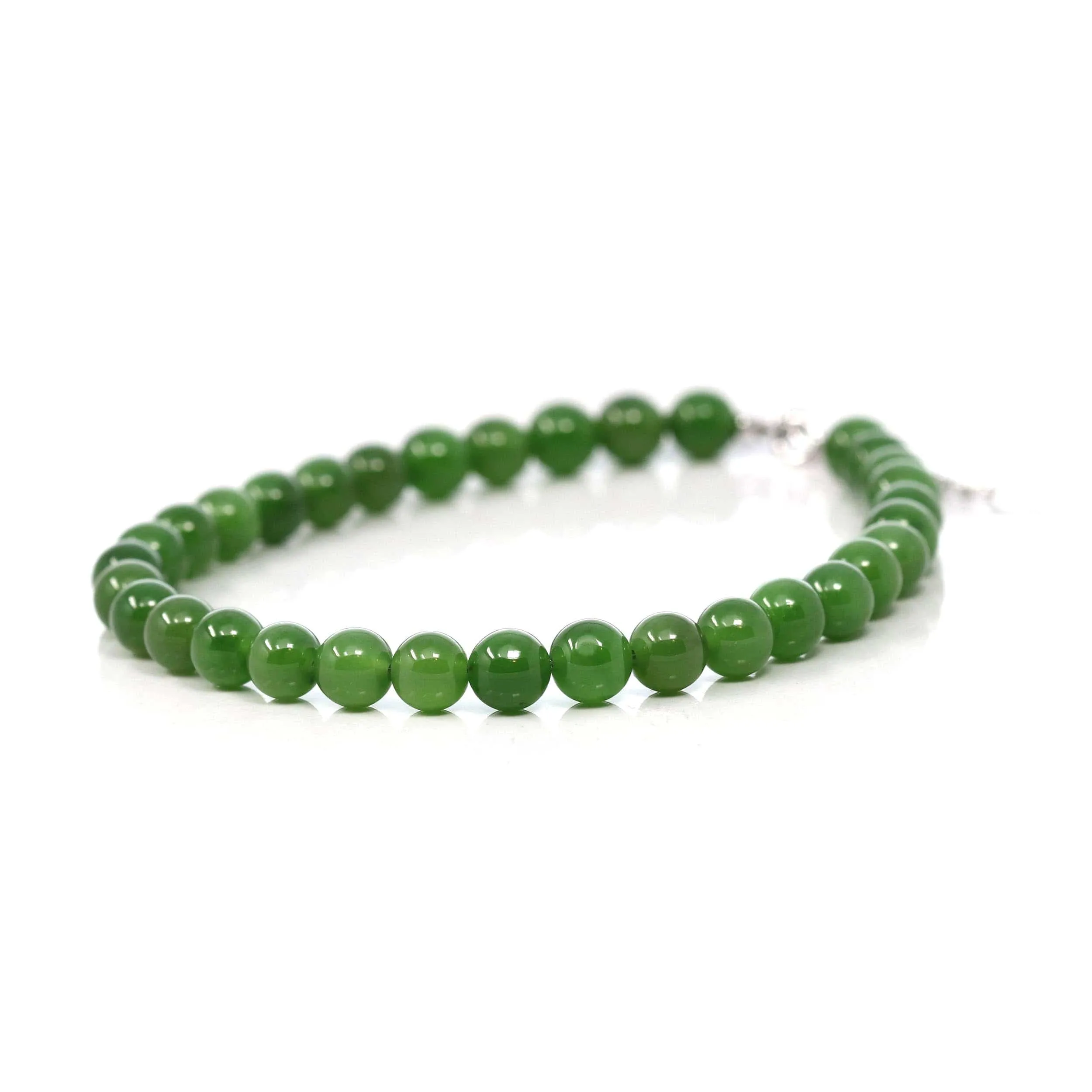 Baikalla High Genuine Fine Green Nephrite Jade Round Beads Bracelet With 18K White Gold Jump Ring ( 6mm )