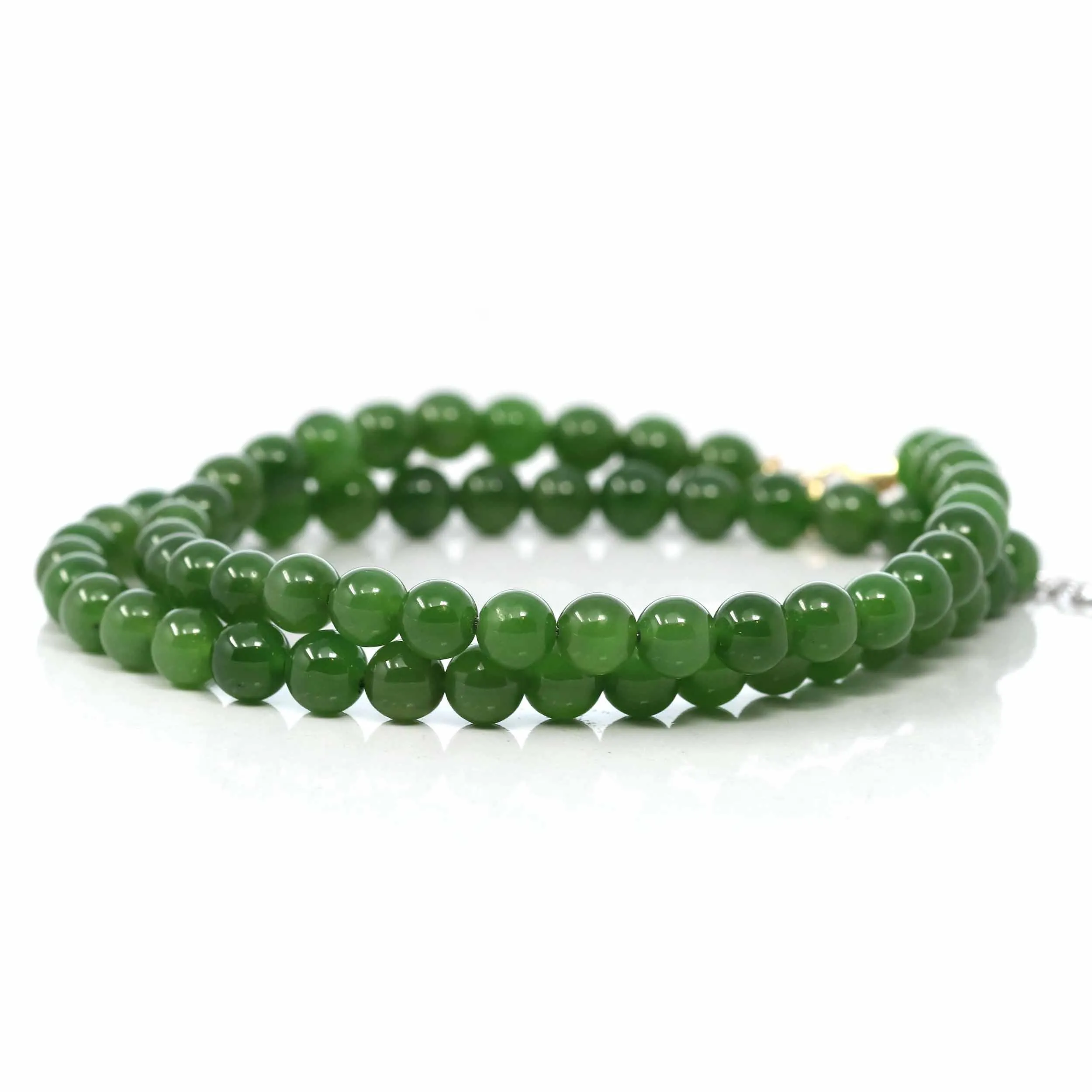 Baikalla High Genuine Fine Green Nephrite Jade Round Beads Bracelet With 18K White Gold Jump Ring ( 6mm )