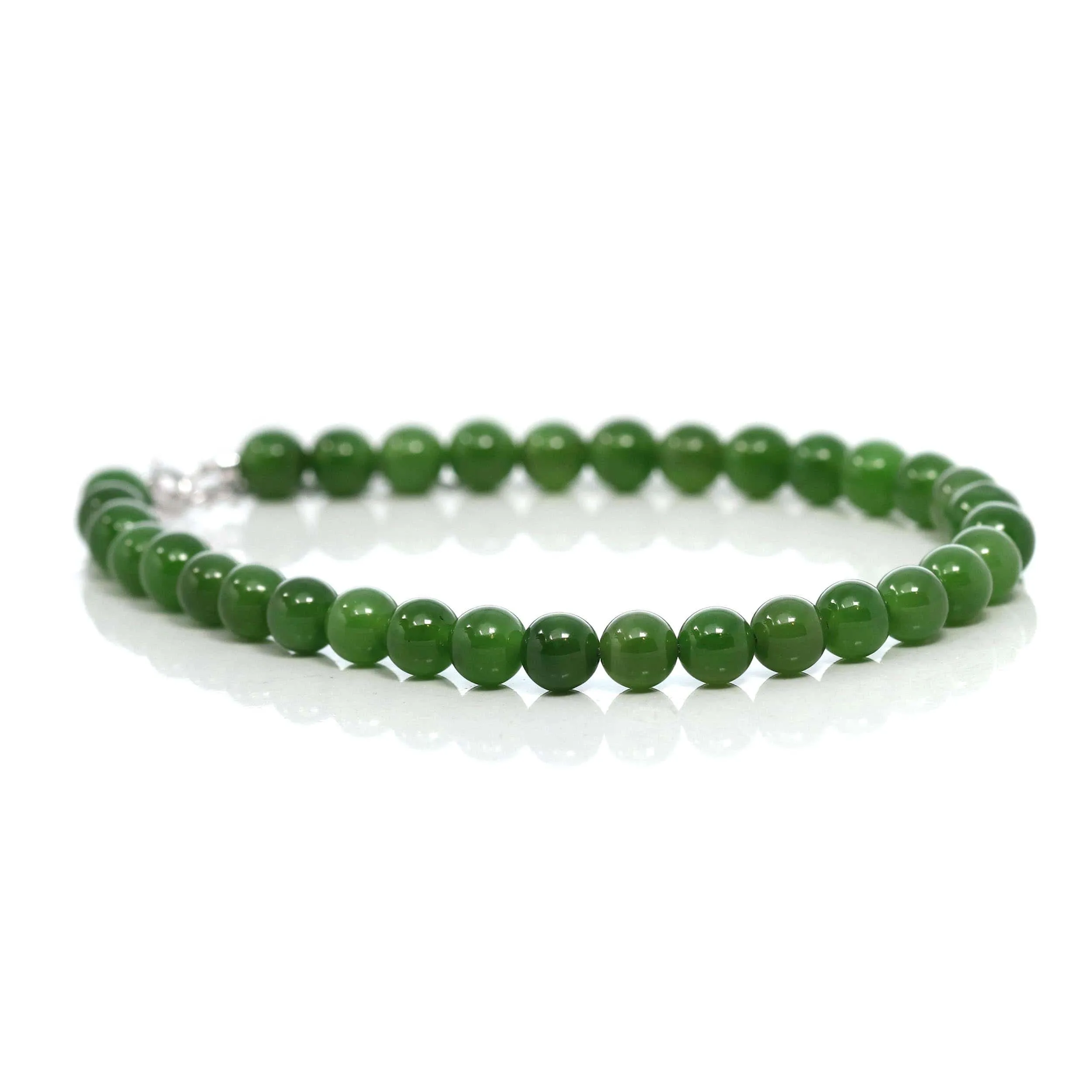 Baikalla High Genuine Fine Green Nephrite Jade Round Beads Bracelet With 18K White Gold Jump Ring ( 6mm )