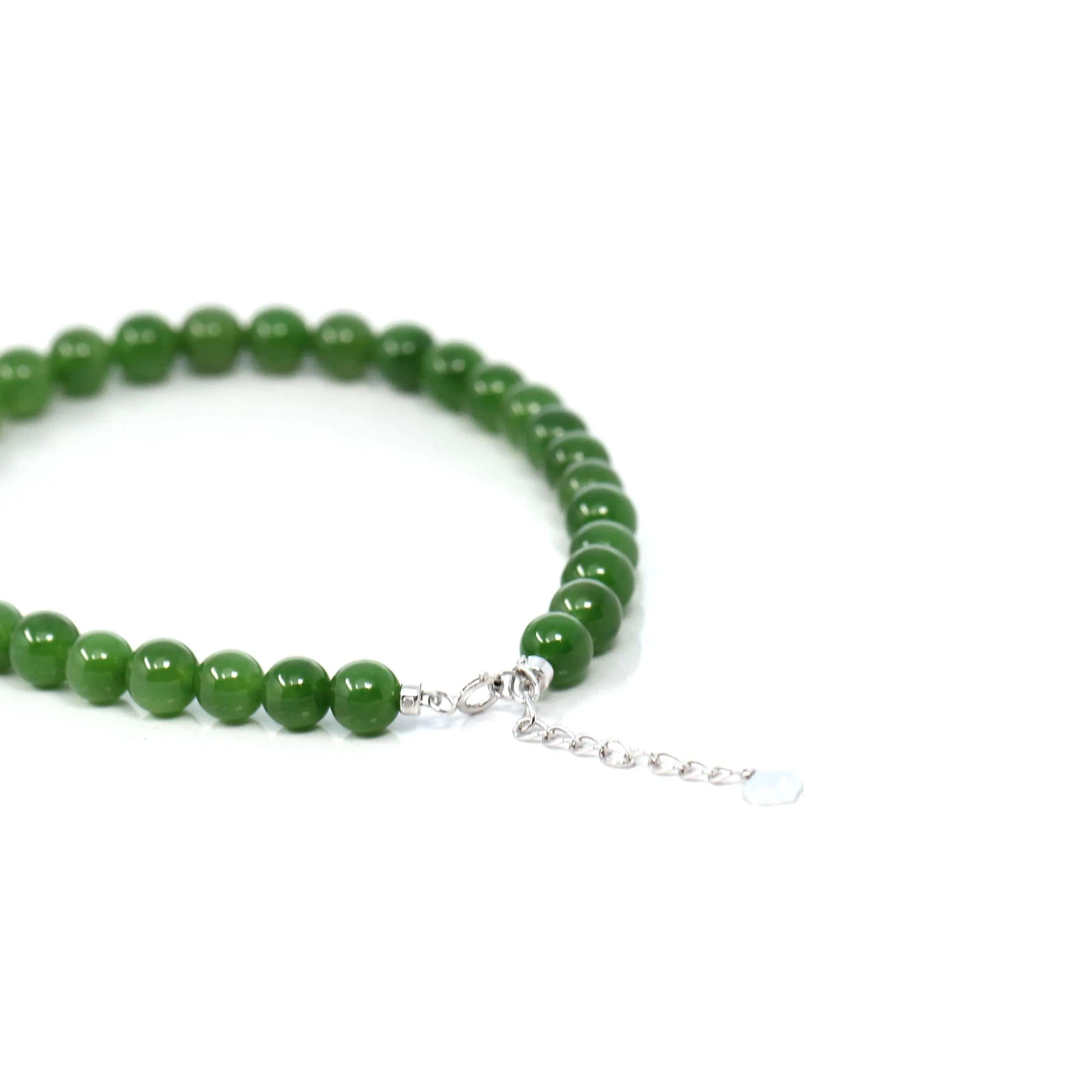 Baikalla High Genuine Fine Green Nephrite Jade Round Beads Bracelet With 18K White Gold Jump Ring ( 6mm )