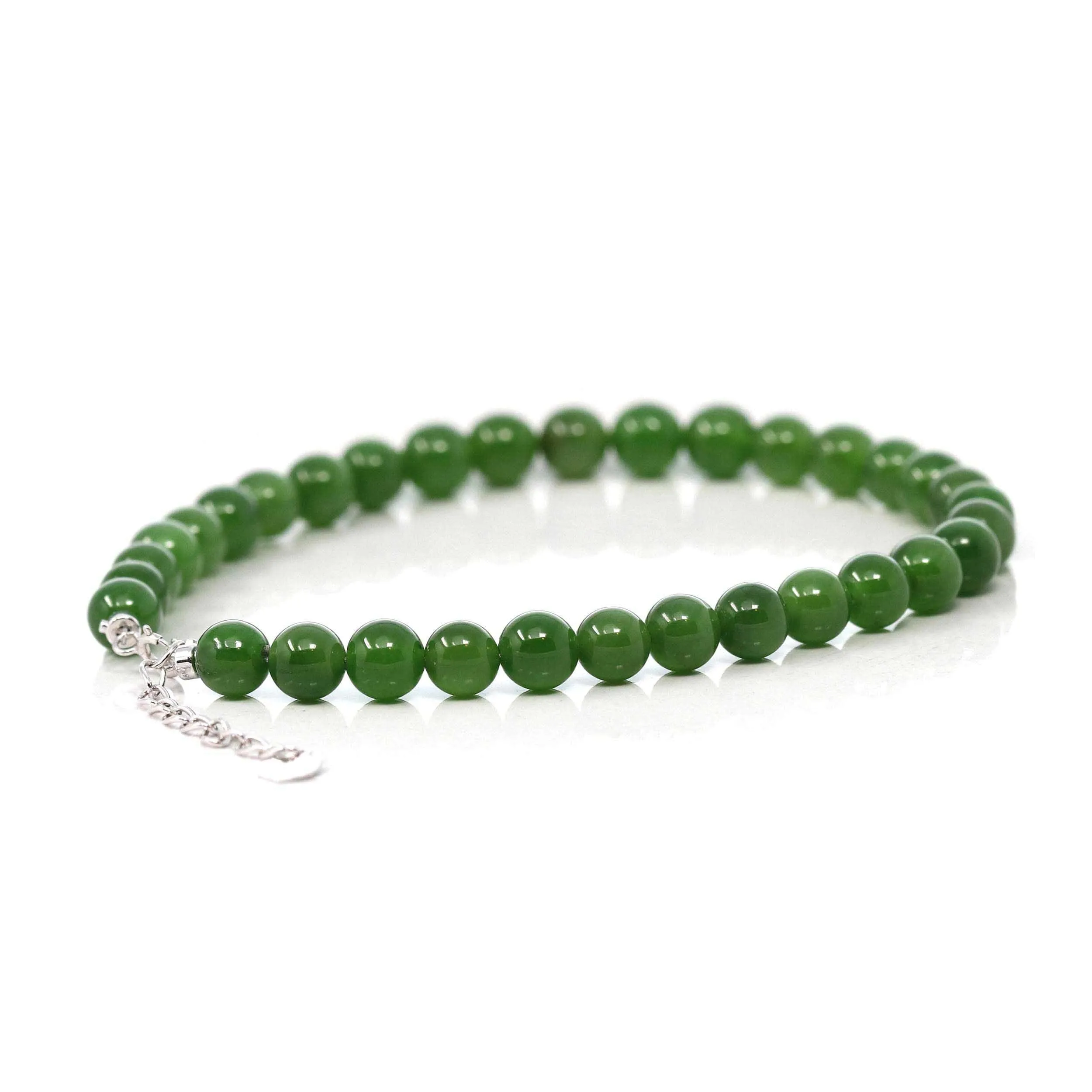 Baikalla High Genuine Fine Green Nephrite Jade Round Beads Bracelet With 18K White Gold Jump Ring ( 6mm )