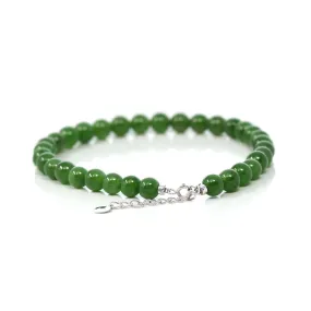 Baikalla High Genuine Fine Green Nephrite Jade Round Beads Bracelet With 18K White Gold Jump Ring ( 6mm )