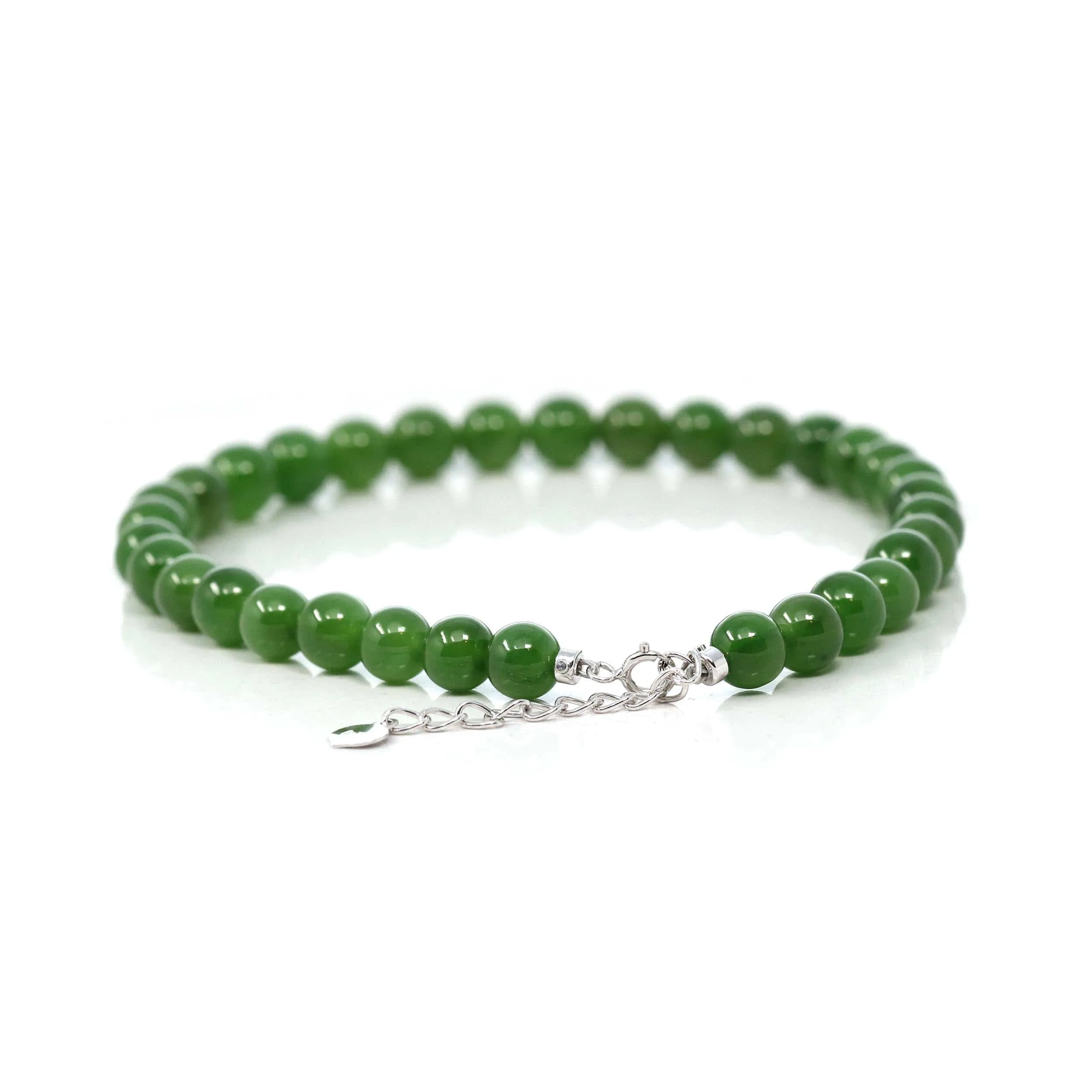 Baikalla High Genuine Fine Green Nephrite Jade Round Beads Bracelet With 18K White Gold Jump Ring ( 6mm )
