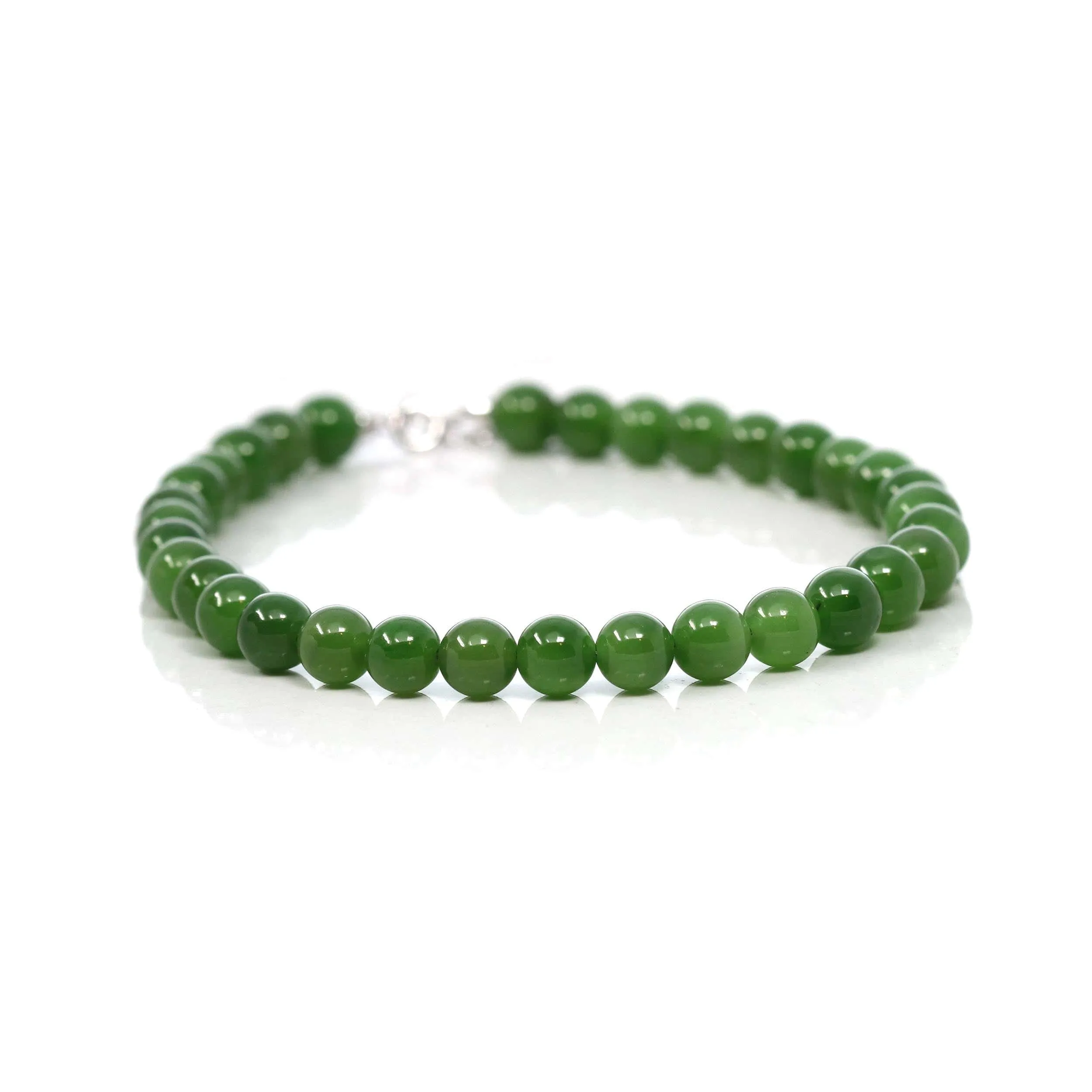 Baikalla High Genuine Fine Green Nephrite Jade Round Beads Bracelet With 18K White Gold Jump Ring ( 6mm )