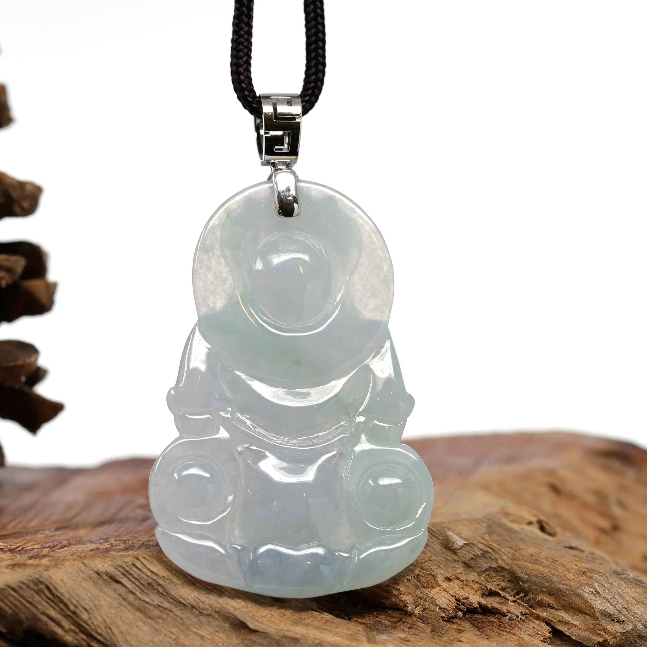 Baikalla "Goddess of Compassion" Genuine Burmese Jadeite Jade Guanyin Necklace With Good Luck Design 14K Gold  Bail