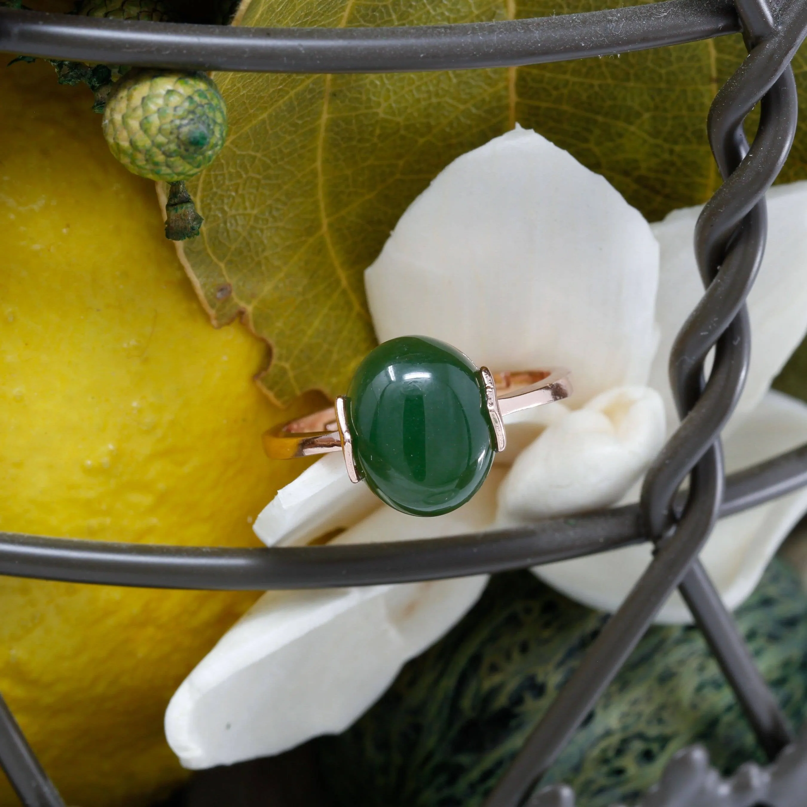 Baikalla™ "Lucky Jade" Rose Gold Plated Sterling Silver Nephrite Green Jade Ring