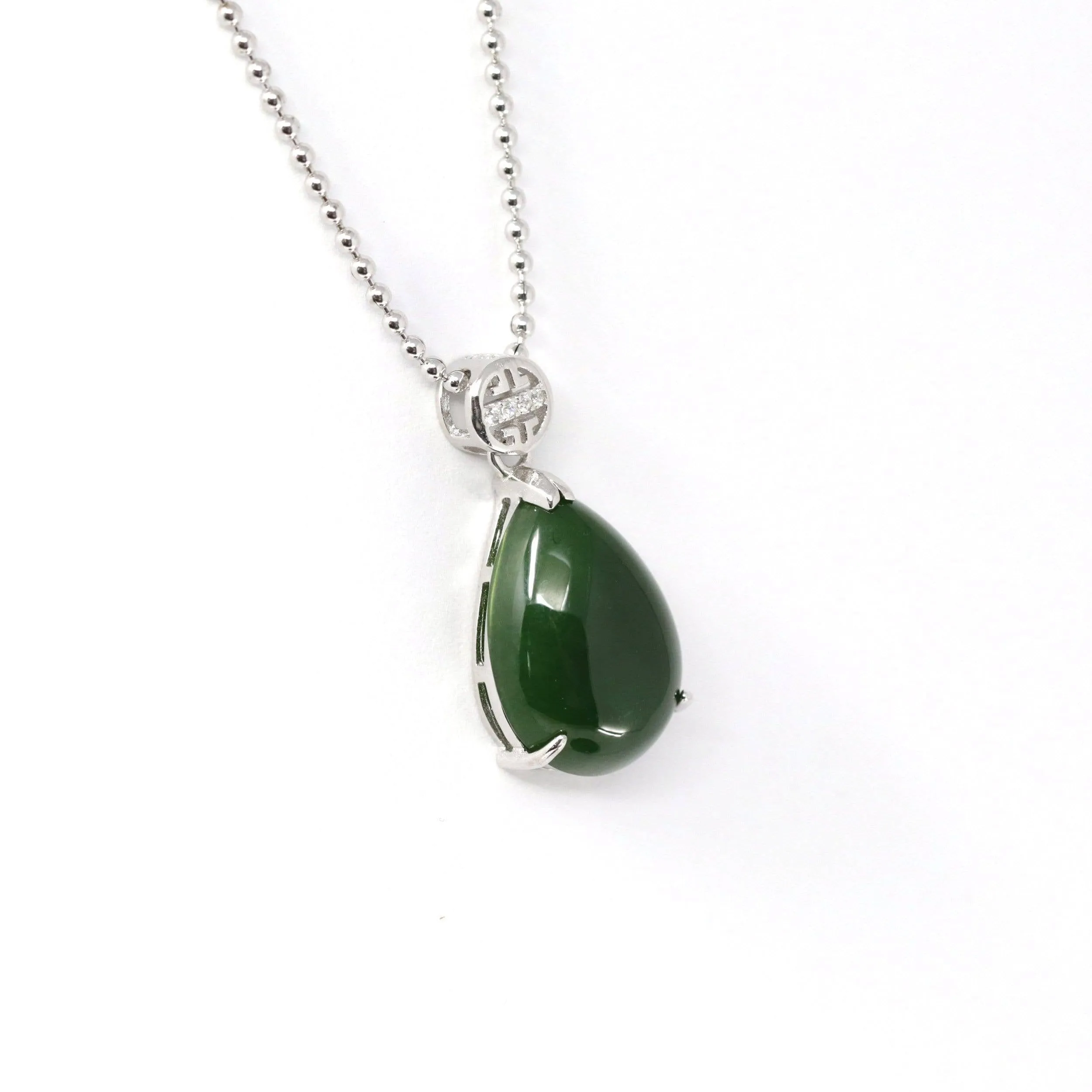 Baikalla™ "Teardrop" Sterling Silver Real Green Jade Classic Pendant Necklace