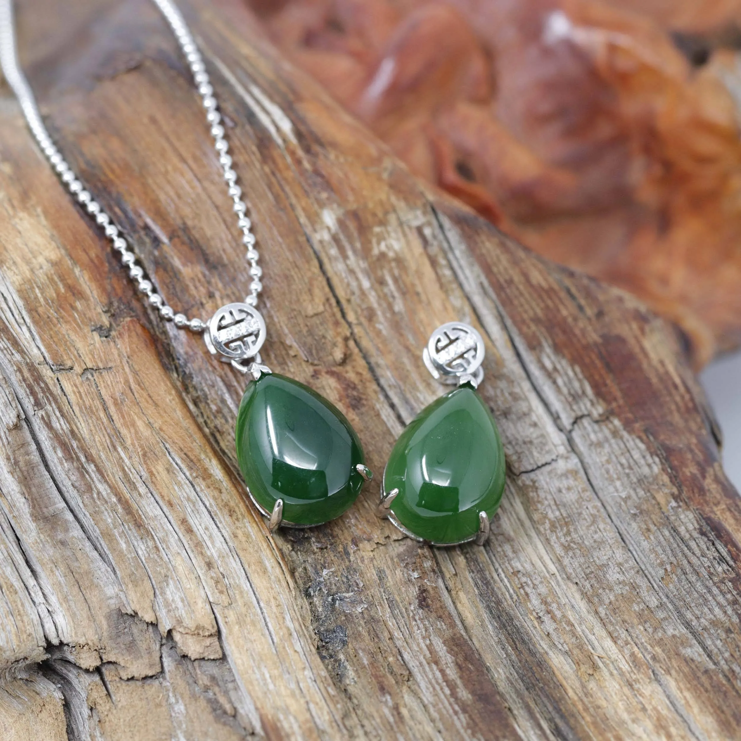 Baikalla™ "Teardrop" Sterling Silver Real Green Jade Classic Pendant Necklace