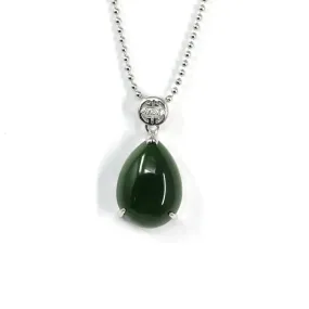 Baikalla™ "Teardrop" Sterling Silver Real Green Jade Classic Pendant Necklace
