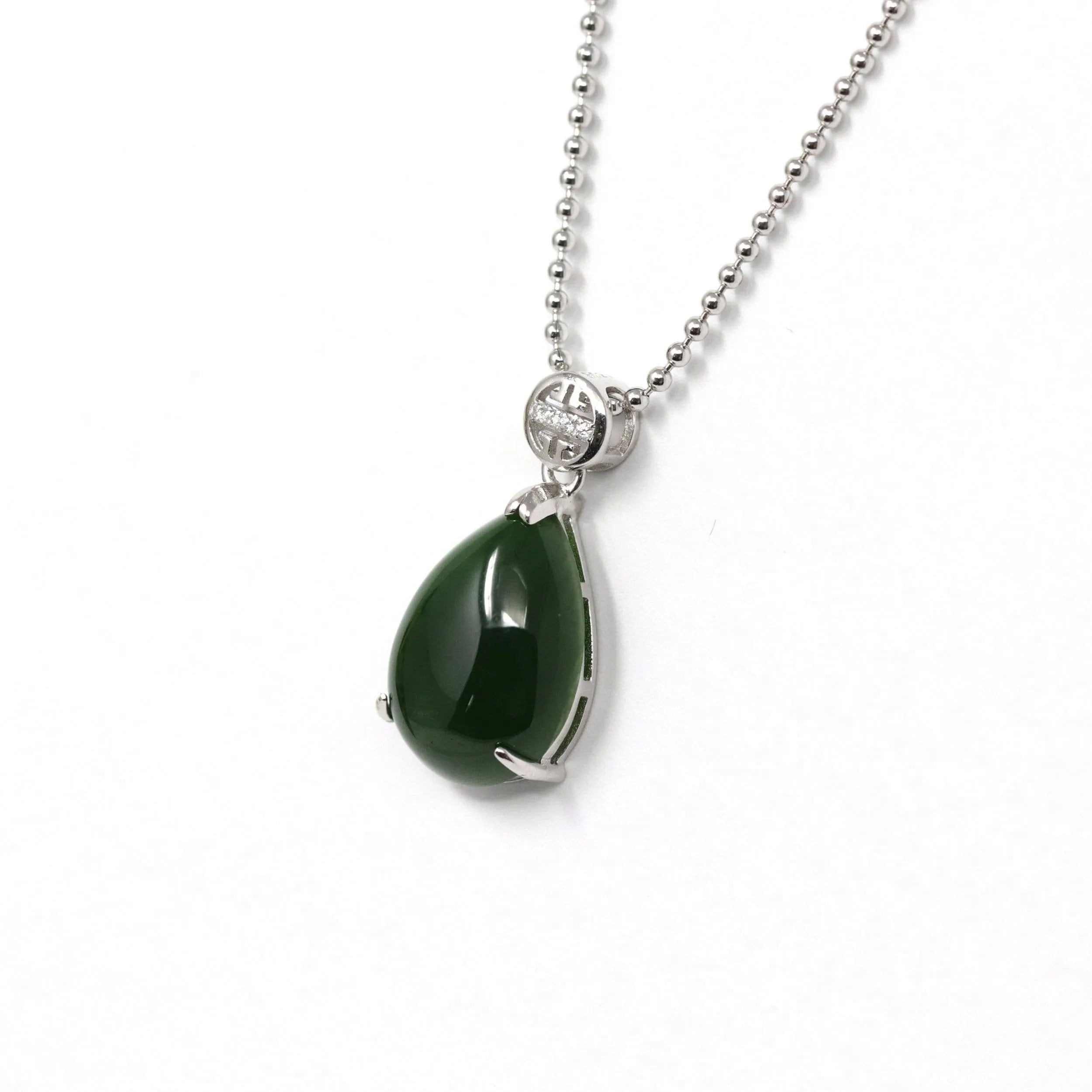 Baikalla™ "Teardrop" Sterling Silver Real Green Jade Classic Pendant Necklace