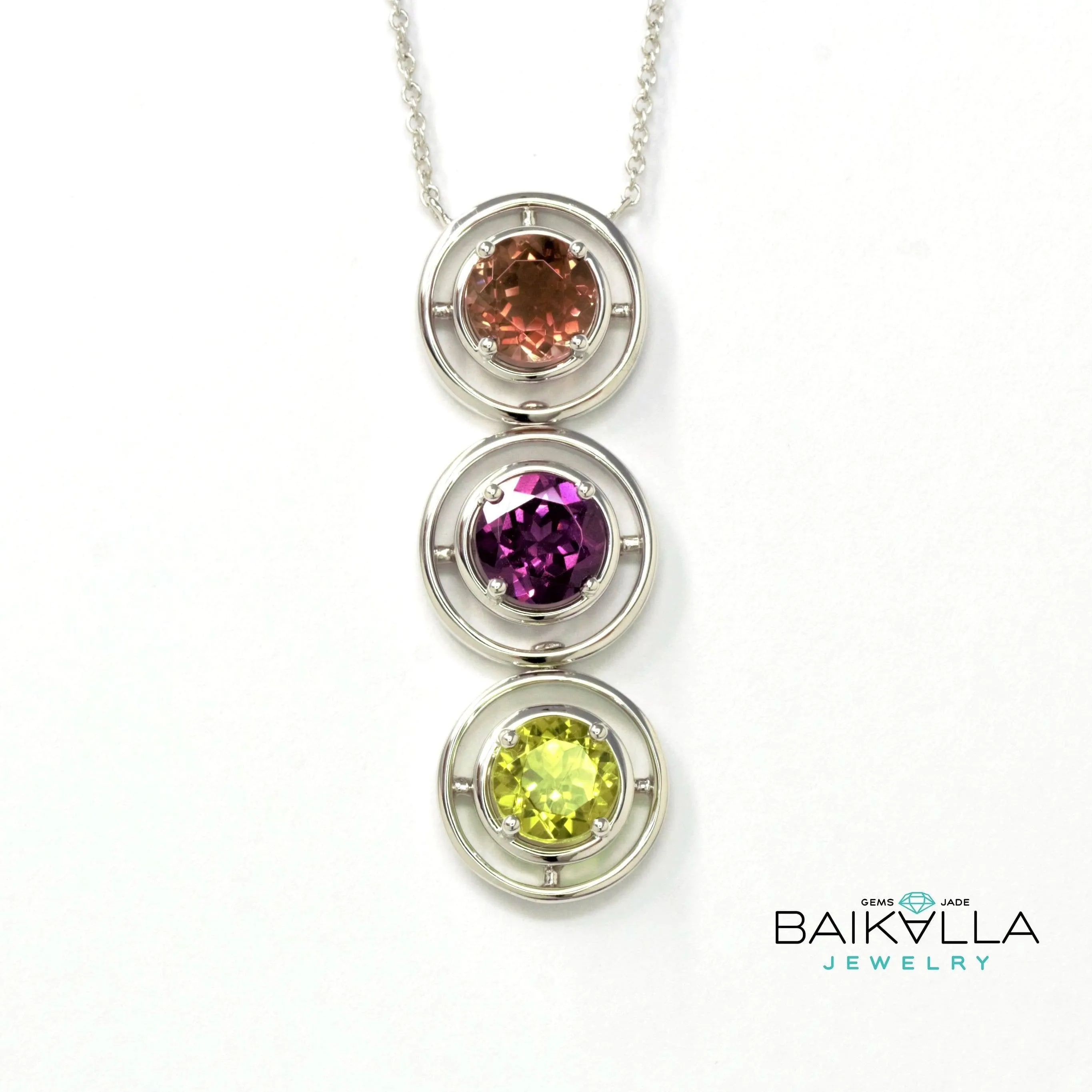 Baikalla™ "Veronica " 14k Gold Natural Multi-Color Gemstones ( Sunstone .Garnet. Peridot. ) Pendant Necklace