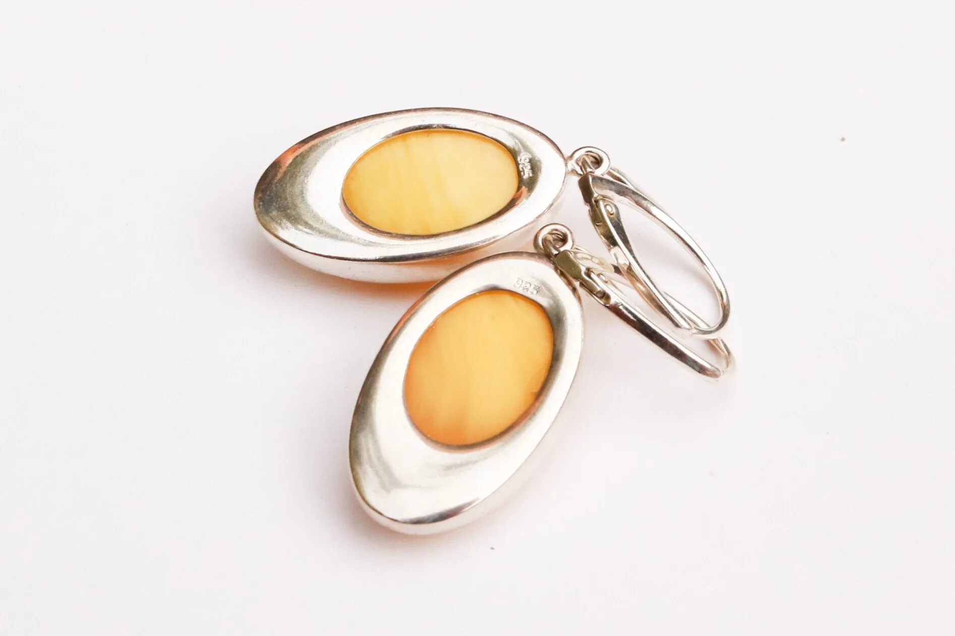 Baltic Amber Earrings Butterscotch Yolk Dangling Natural Oval 1.7" 8.7 gram 925 Silver