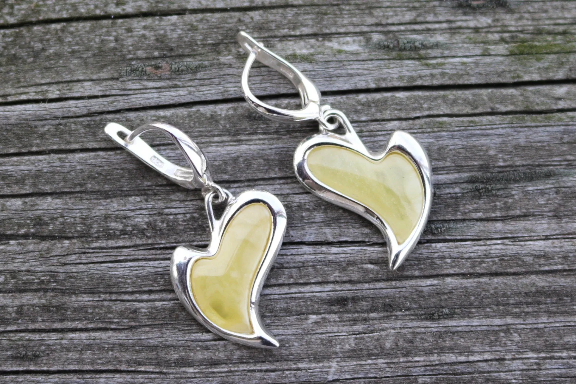 Baltic Amber Earrings Heart Butterscotch Dangling Natural 1.38" 925 Silver