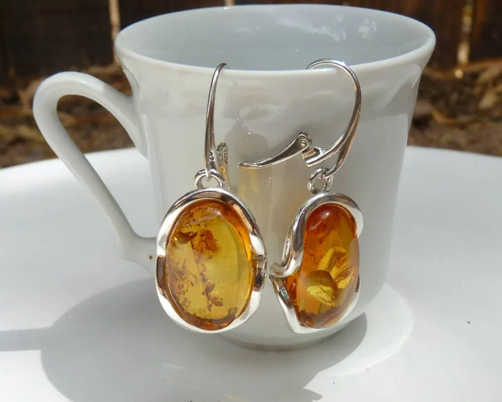 Baltic Amber Honey Earrings Natural Sparkling Oval Jewelry1.75" 11.2 gram 925 Silver