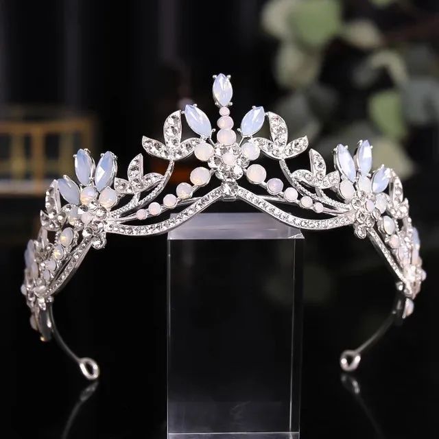 Baroque Luxury Pink Glow Crystal Beads and Leaves Bridal Tiara- Crown-Wedding Hair Accessories