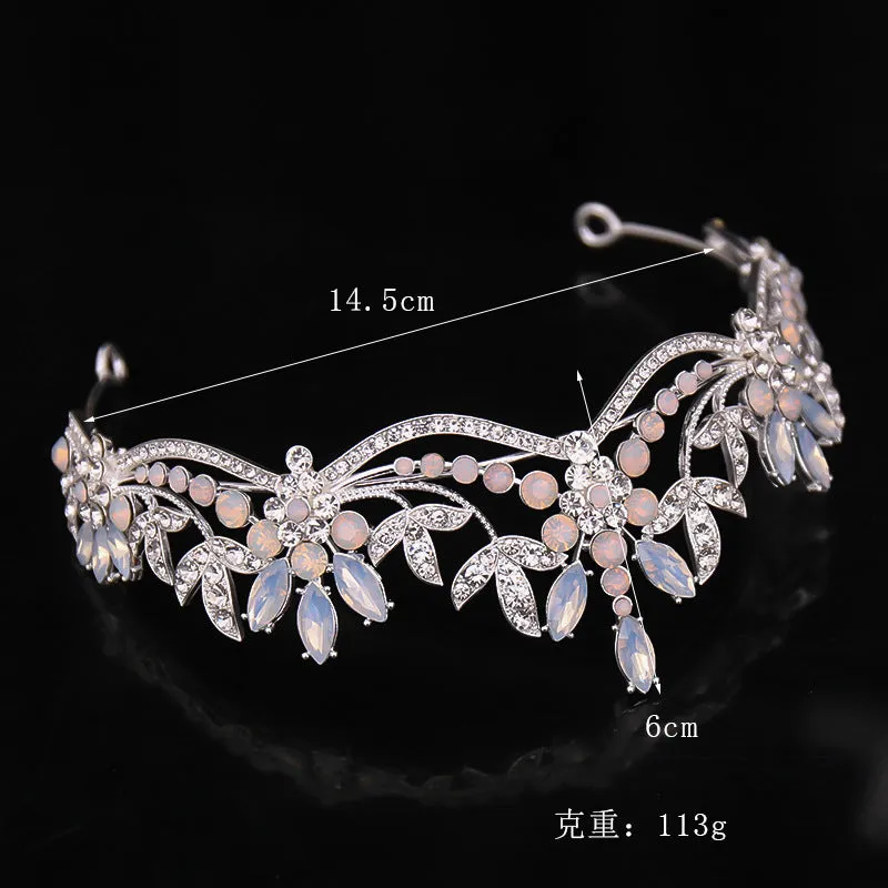 Baroque Luxury Pink Glow Crystal Beads and Leaves Bridal Tiara- Crown-Wedding Hair Accessories