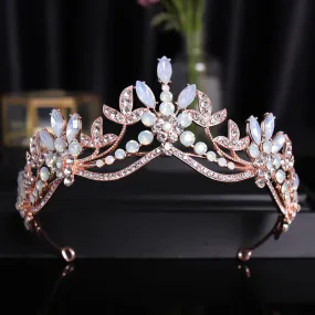 Baroque Luxury Pink Glow Crystal Beads and Leaves Bridal Tiara- Crown-Wedding Hair Accessories