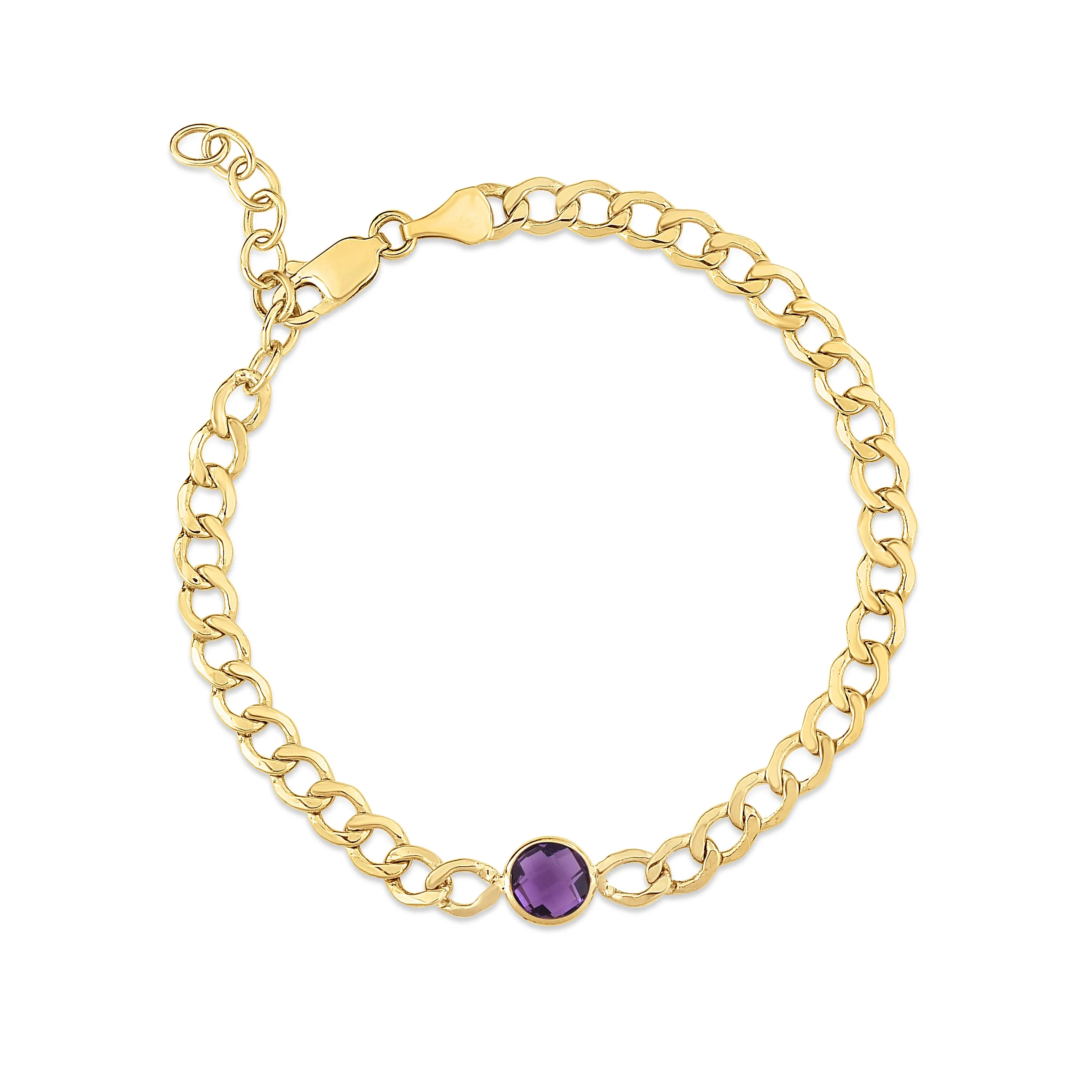 Bezeled Amethyst Curb Chain Gold Bracelet