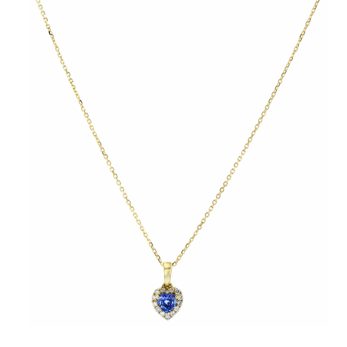Bijou Collection Petite Blue Sapphire & Diamond Heart Halo Pendant | 9K Yellow Gold