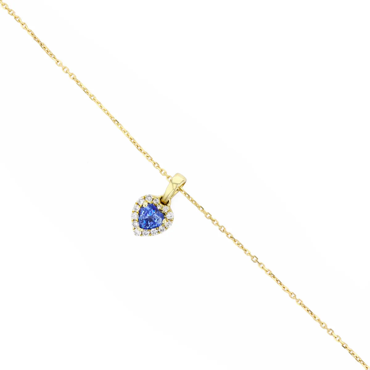 Bijou Collection Petite Blue Sapphire & Diamond Heart Halo Pendant | 9K Yellow Gold