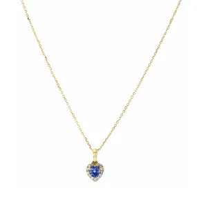 Bijou Collection Petite Blue Sapphire & Diamond Heart Halo Pendant | 9K Yellow Gold