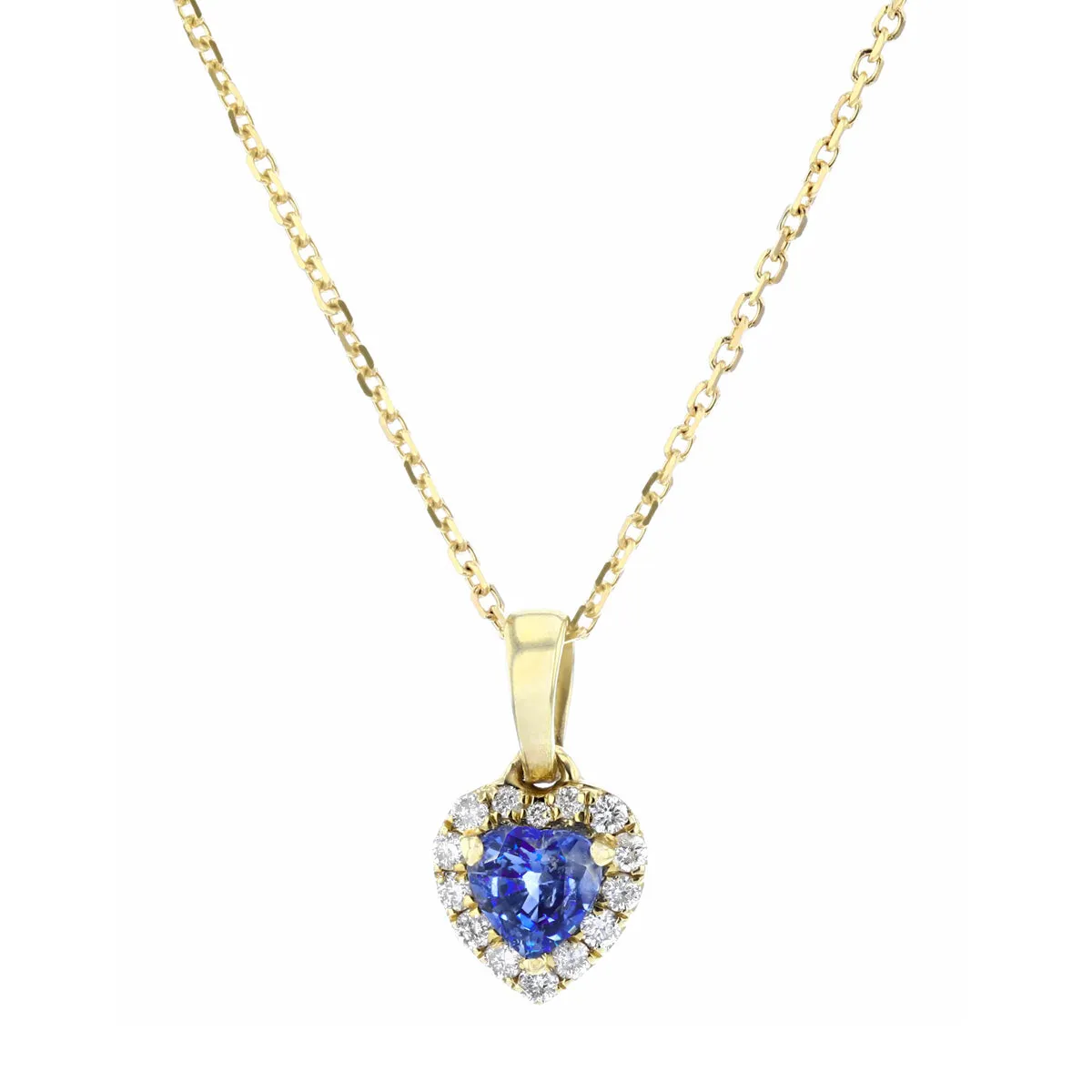 Bijou Collection Petite Blue Sapphire & Diamond Heart Halo Pendant | 9K Yellow Gold