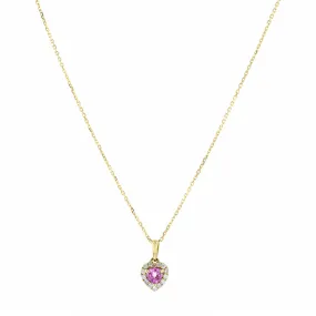 Bijou Collection Petite Pink Sapphire & Diamond Heart Halo Pendant | 9K Yellow Gold