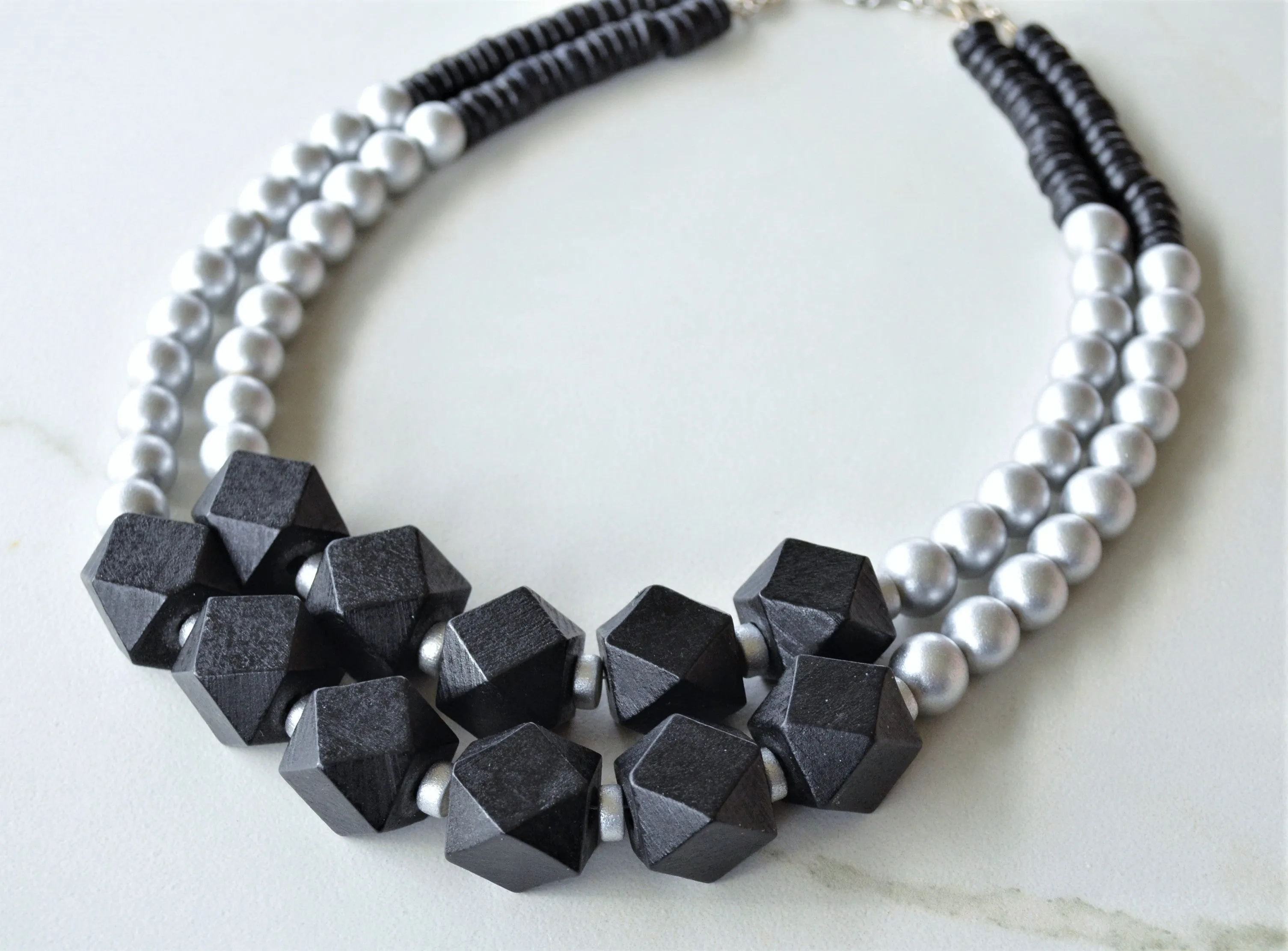 Black Silver Wood Beaded Chunky Multi Strand Statement Necklace - Riley