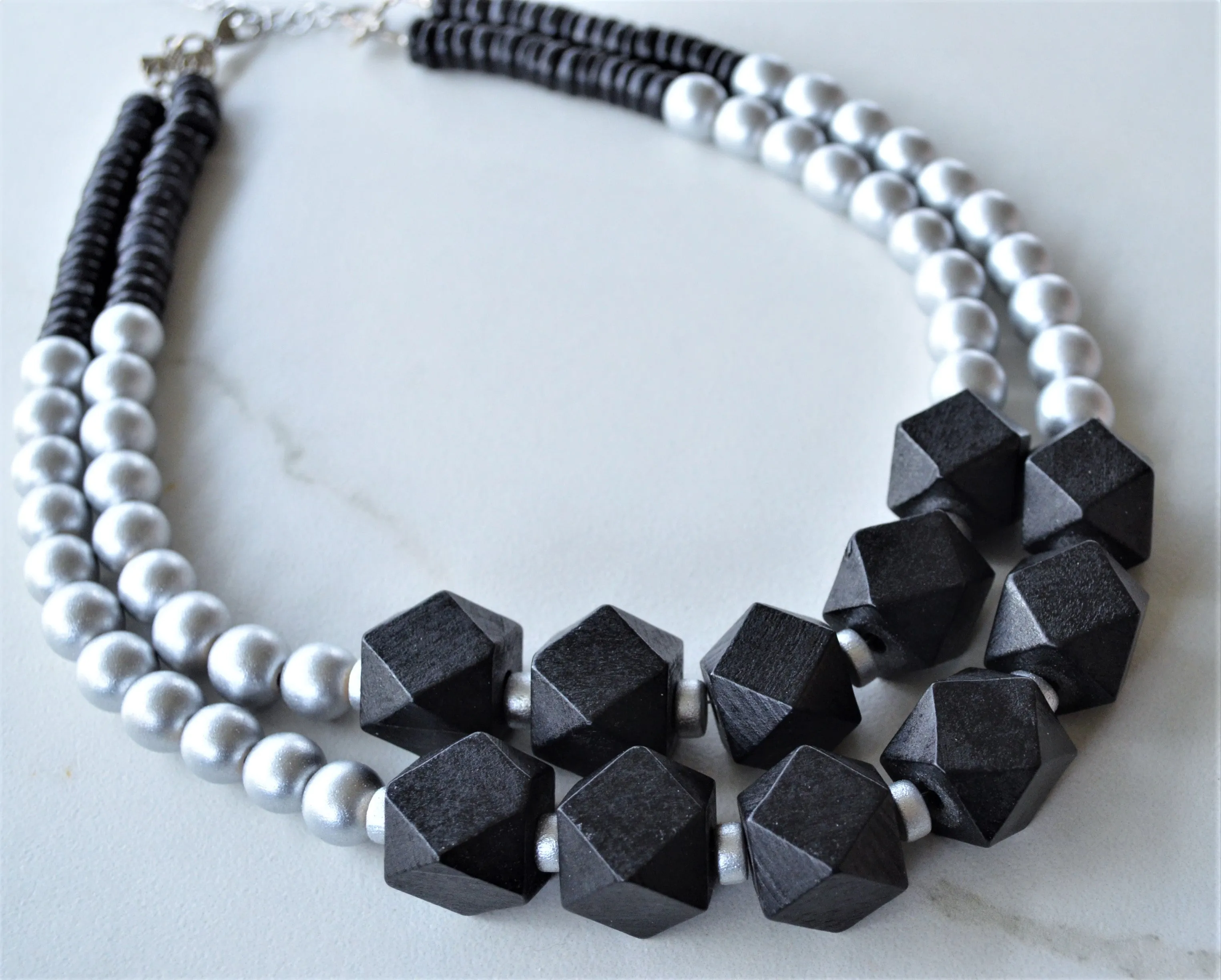 Black Silver Wood Beaded Chunky Multi Strand Statement Necklace - Riley