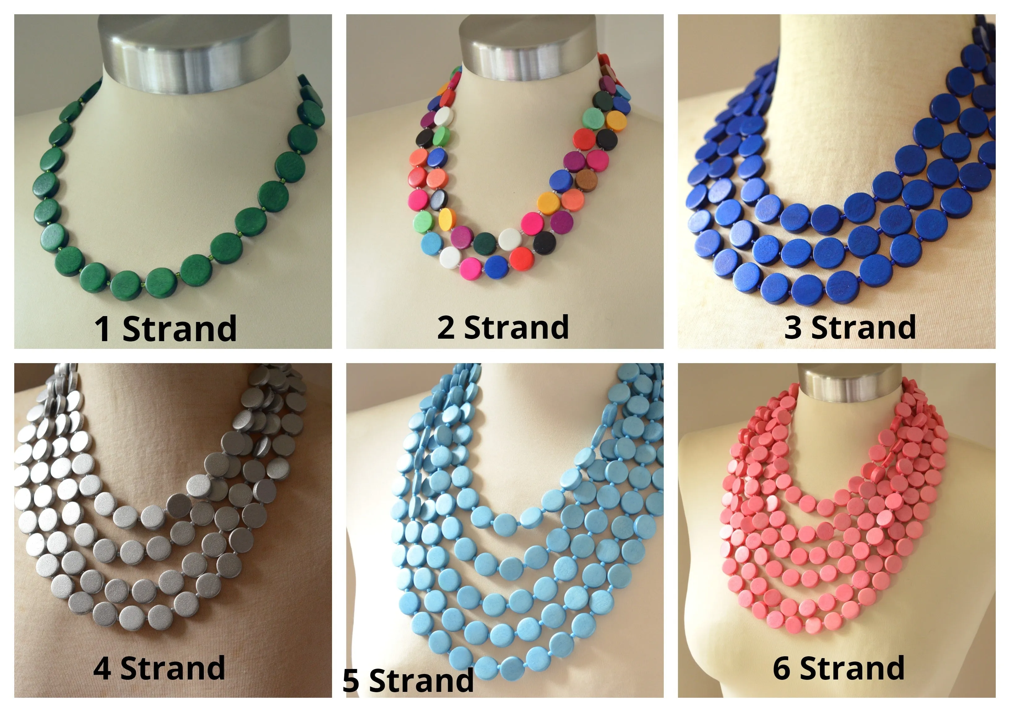 Blue Gray Wood Beaded Multi Strand Chunky Statement Necklace - Charlotte