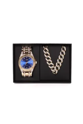 Blue Ice Chain And Watch Boxed Set - Gold/Blue