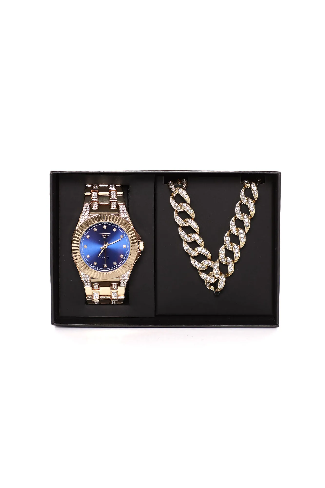 Blue Ice Chain And Watch Boxed Set - Gold/Blue