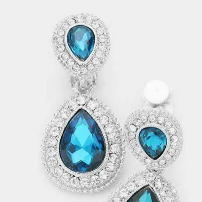 Blue Zircon Glass Crystal Pave Trim Teardrop Clip on Earrings