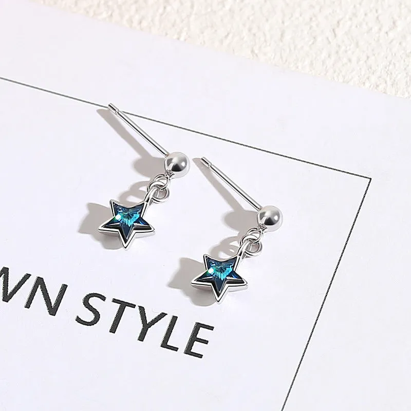 Blue Zircon Star Silver Drop Earrings for Women
