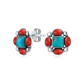 Boho Southwestern Turquoise Red Coral Concho Eagle Wings Stud Earrings Silver