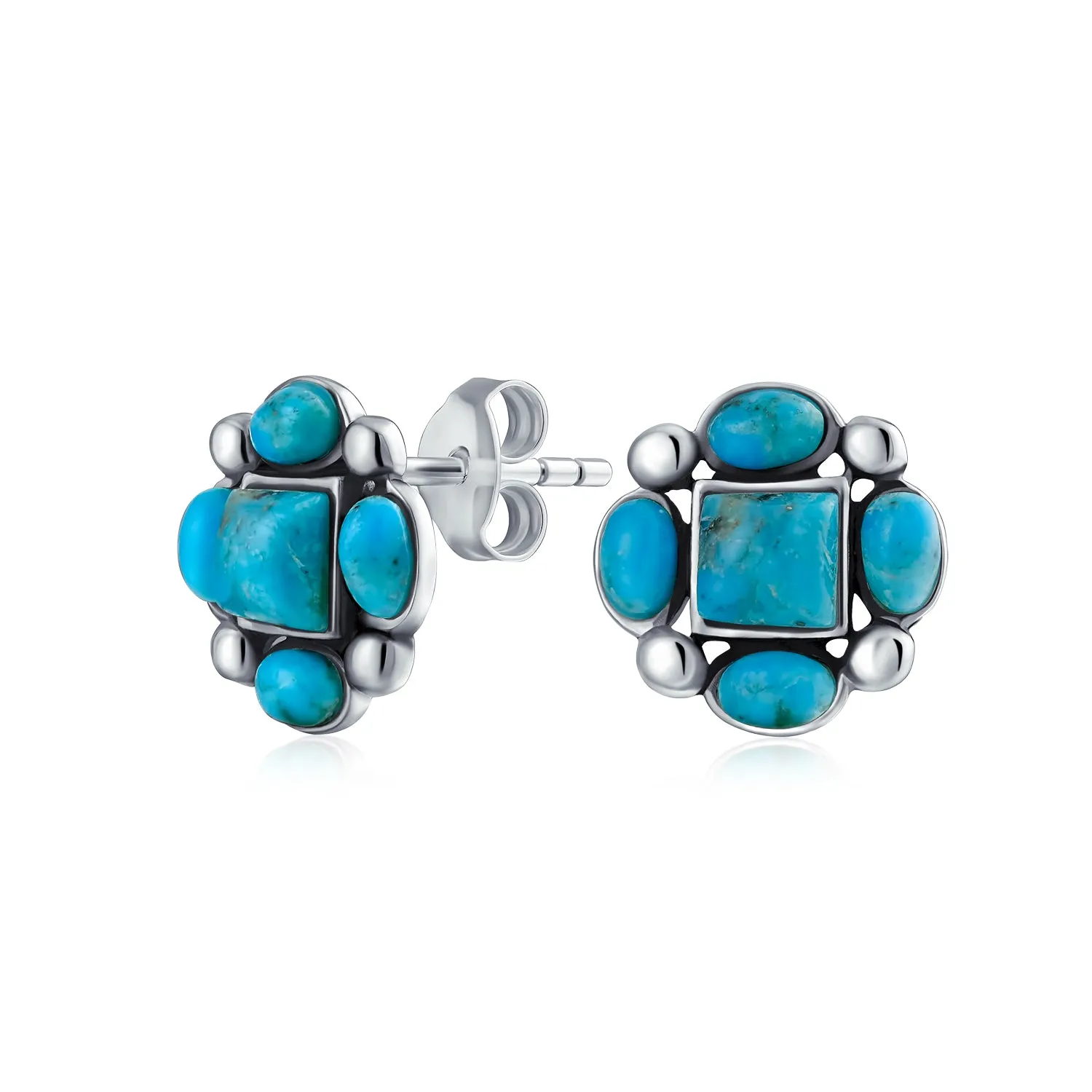 Boho Southwestern Turquoise Red Coral Concho Eagle Wings Stud Earrings Silver