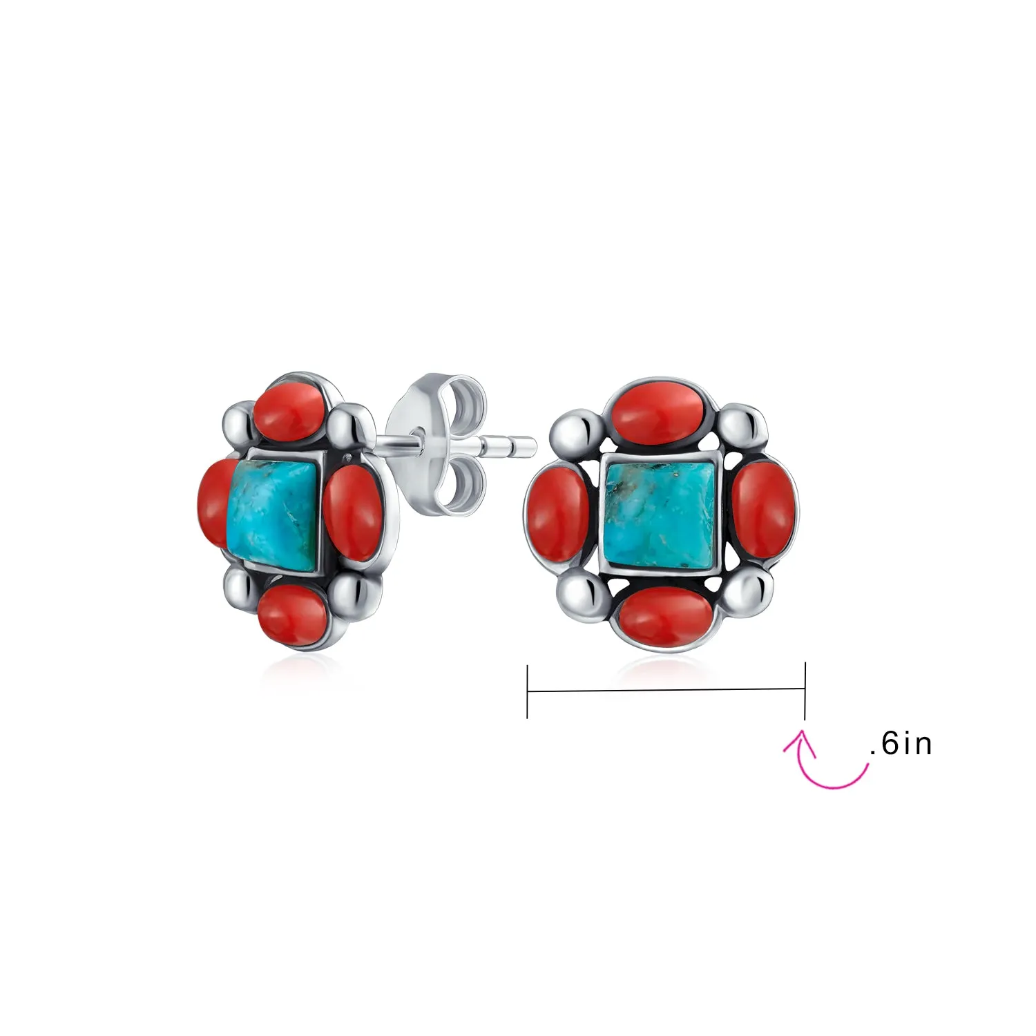 Boho Southwestern Turquoise Red Coral Concho Eagle Wings Stud Earrings Silver