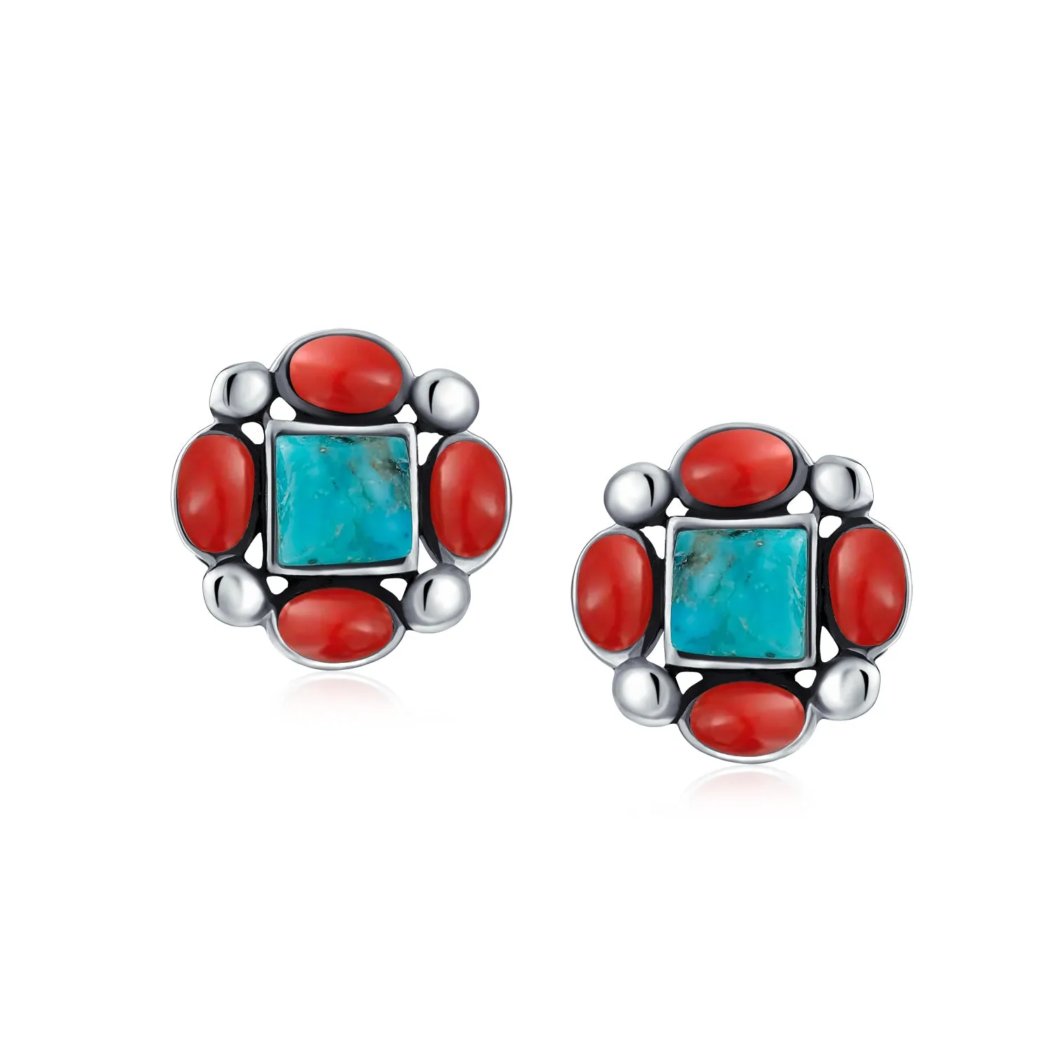 Boho Southwestern Turquoise Red Coral Concho Eagle Wings Stud Earrings Silver