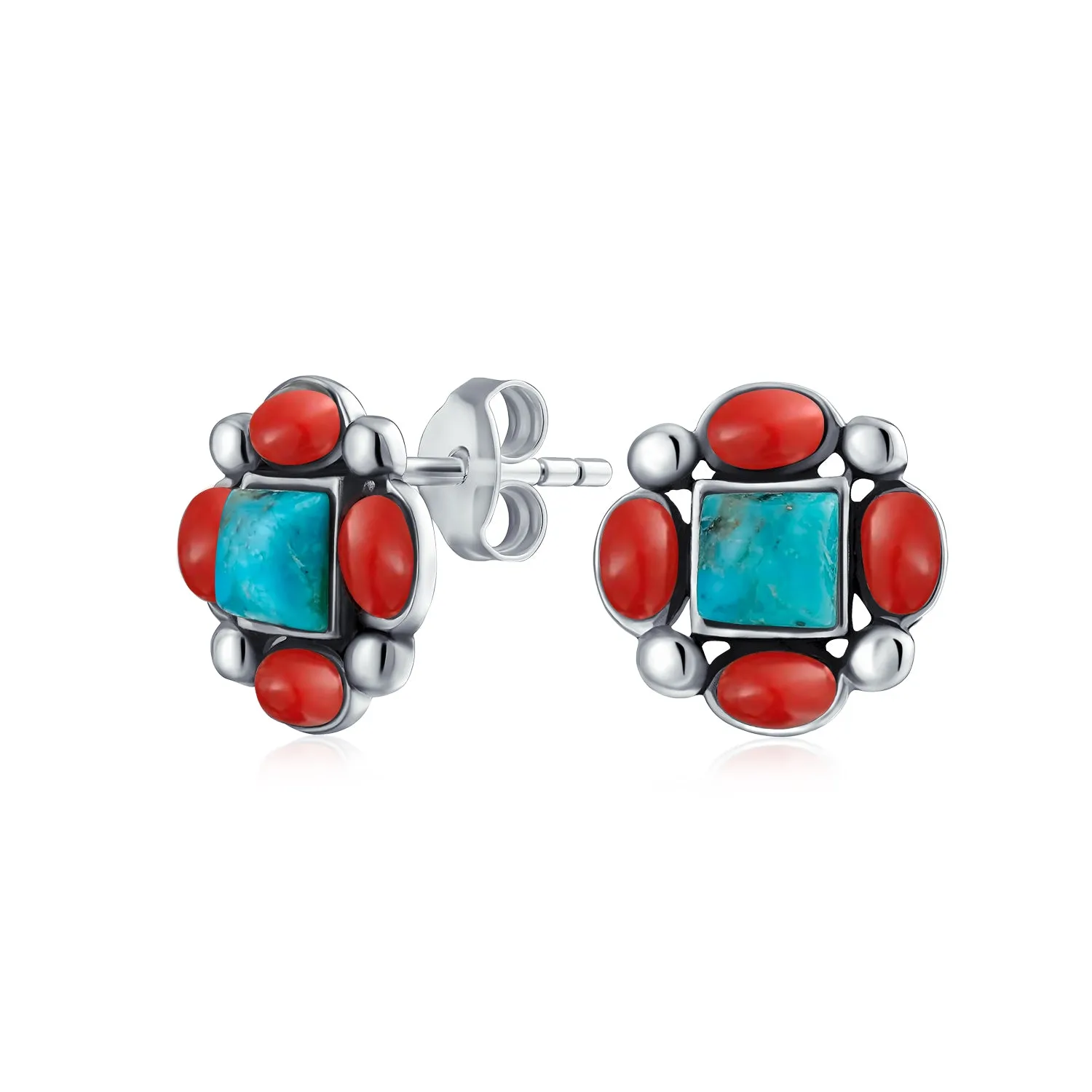 Boho Southwestern Turquoise Red Coral Concho Eagle Wings Stud Earrings Silver