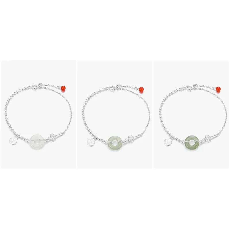 Buddha Stones 925 Sterling Silver Hetian Jade Peace Buckle Fu Character Luck Chain Bracelet