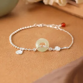 Buddha Stones 925 Sterling Silver Hetian Jade Peace Buckle Fu Character Luck Chain Bracelet