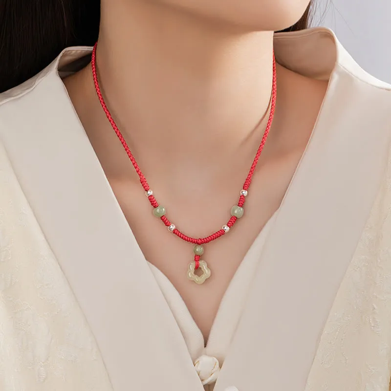 Buddha Stones 925 Sterling Silver Natural Hetian Cyan Jade Flower Pentagram Luck Red Rope Necklace Pendant Bracelet Set