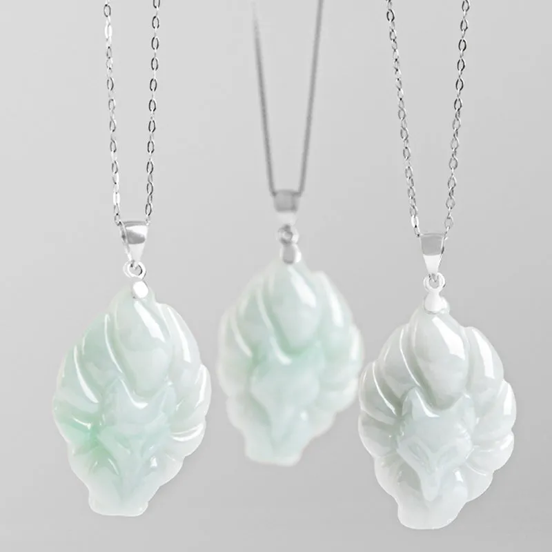 Buddha Stones 925 Sterling Silver Natural Jade Nine Tailed Fox Prosperity Necklace Pendant