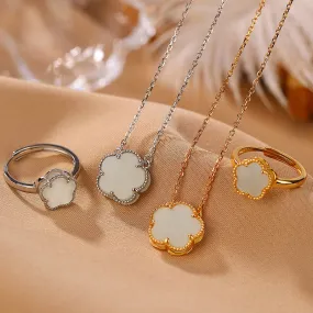 Buddha Stones 925 Sterling Silver Plated Gold Natural Hetian Jade Flower Luck Necklace Pendant Ring Set