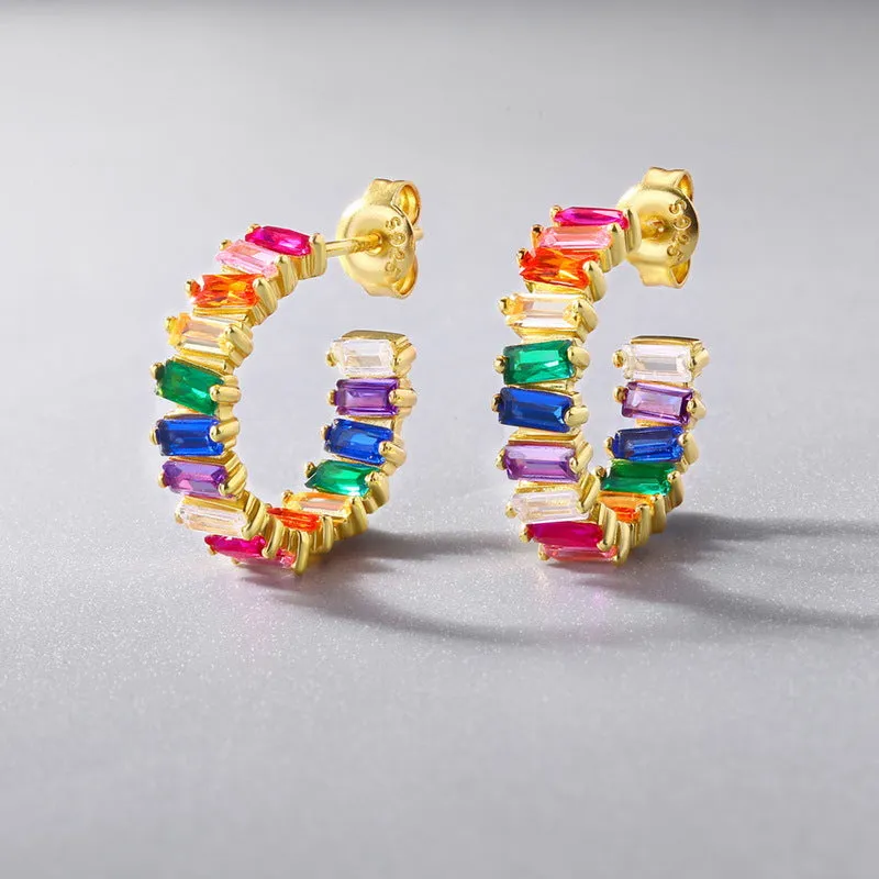 C Shape Rectangle Rainbow Zircon Silver Stud Earrings