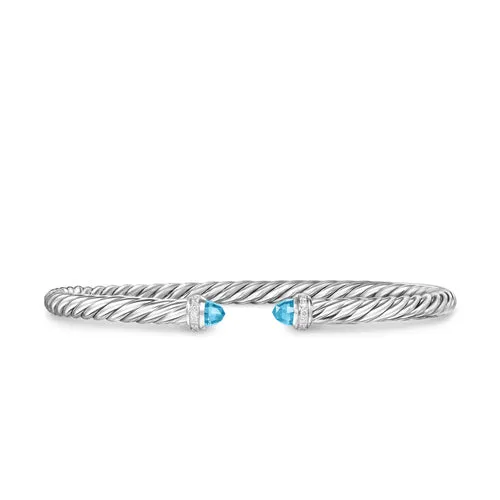 Cablespira Flex Bracelet in Sterling Silver with Blue Topaz and Diamonds, 4mm, Size Small