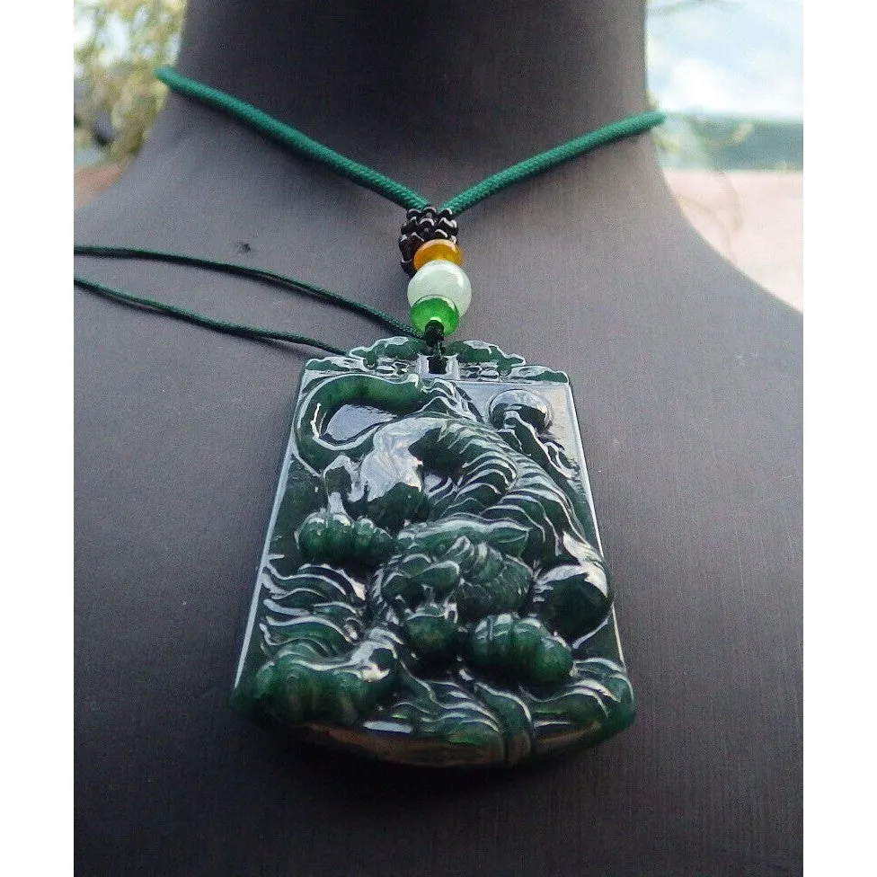 Certified Green Burma 100% Natural A Jade Jadeite Pendant Tiger Necklace